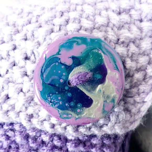 Hand Crafted Knit Throw Pillow Purple Cable Hand Painted Resin Buttons D… - Picture 4 of 12